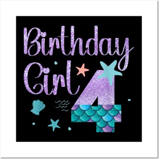 Mermaid Birthday Girl 4 Year Old Its My 4Th Bday Mermaid Posters and Art